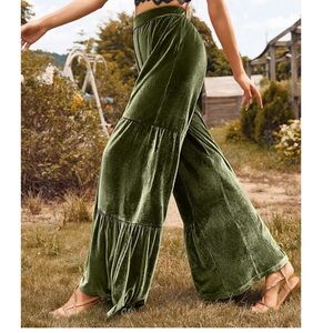 Green Velvet Wide-Leg Boho Pants